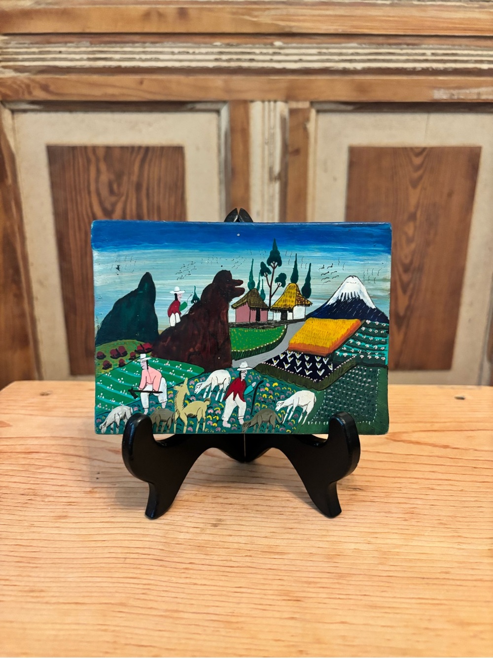 Hand-Painted Folk Art Landscape Plaque in Blue, Green, Yellow
